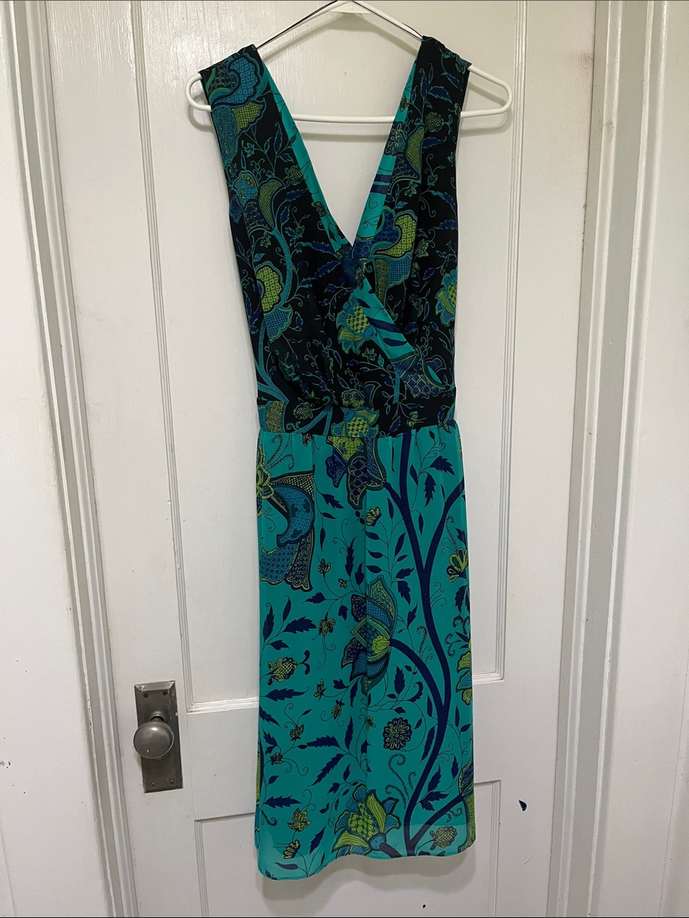 Adrianna Papell Teal and Navy Floral V-Neck Midi Dress